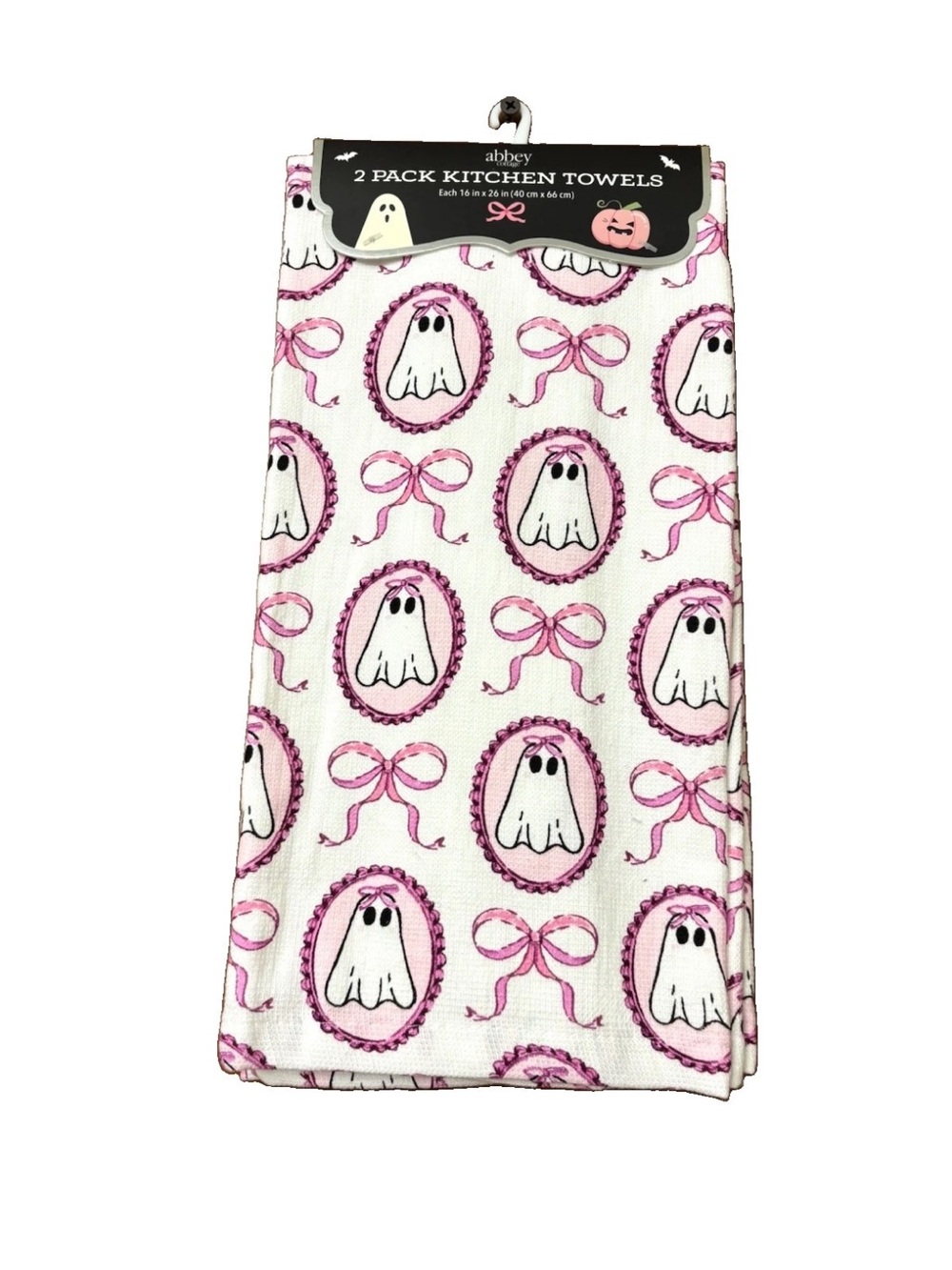 HALLOWEEN KITCHEN TOWELS SET OF 2 SWEET BABY GIRL GHOSTS BOWS BAMBOO COTTON HTF